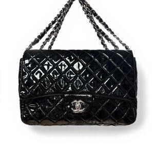 Chanel Jumbo Classic Flap, Black Patent Leather Silver Hardware